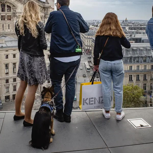 Human and canine visitors enjoy the view from the roof terrace of Galeries Lafayette in Paris.